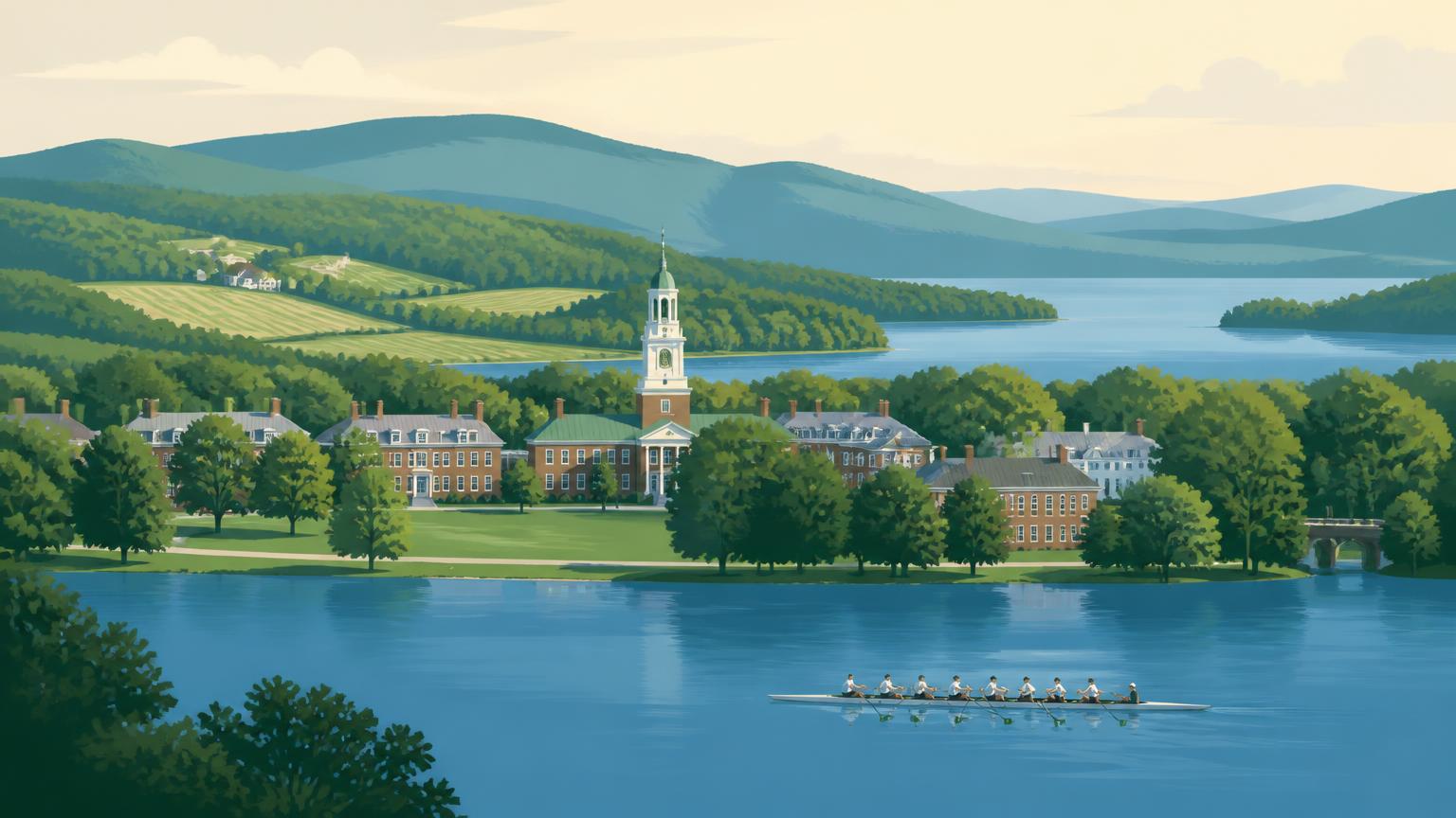 Editorial illustration of the Dartmouth-Lake Sunapee region: a calm river and lake below a brick and white-clapboard campus green with a bell tower, a rowing shell on the water and wooded ridges beyond