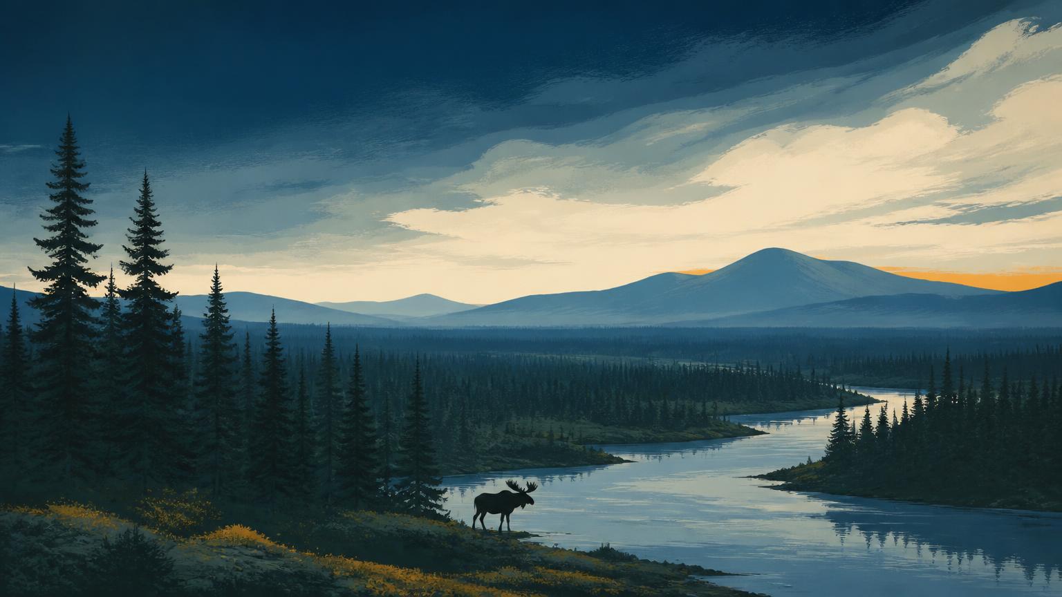 Editorial illustration of the Great North Woods: layered spruce and fir forest, a winding remote river, distant low mountains and a single moose at the water edge under a wide northern sky
