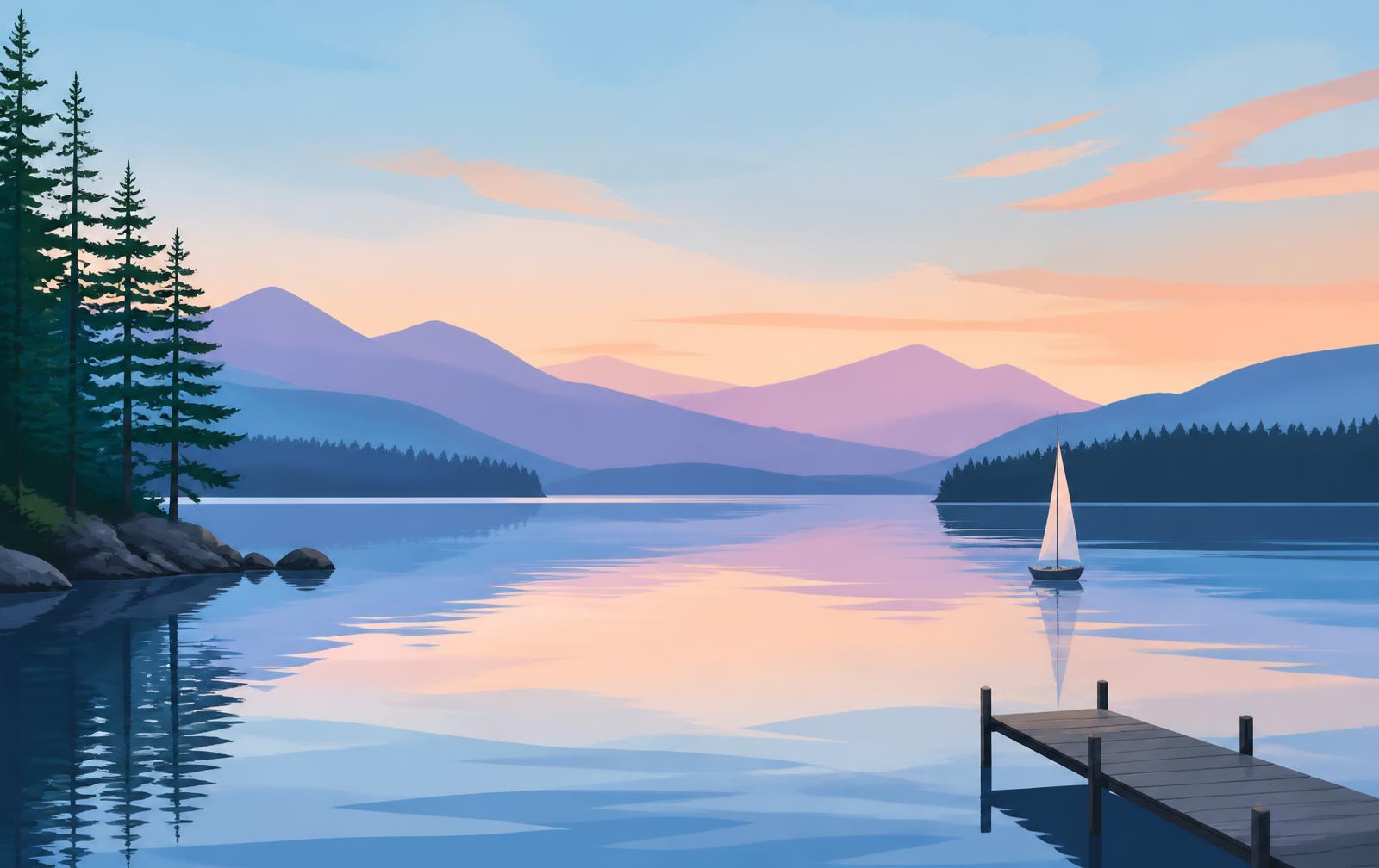 Editorial illustration of a broad New Hampshire lake at dusk with layered mountains, pine shoreline, a dock and a small sailboat